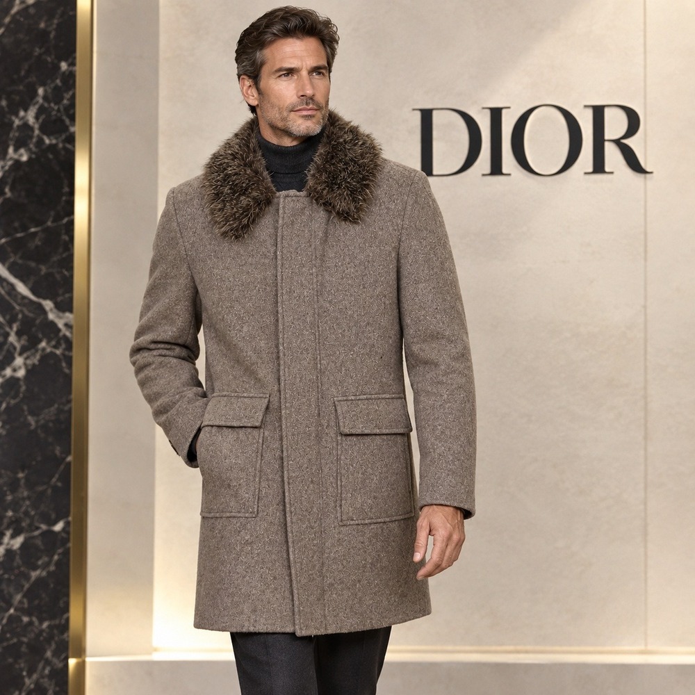 Christian Dior Paris Mens Wool Faux Fur Collar Overcoat Tan Parka Jacket